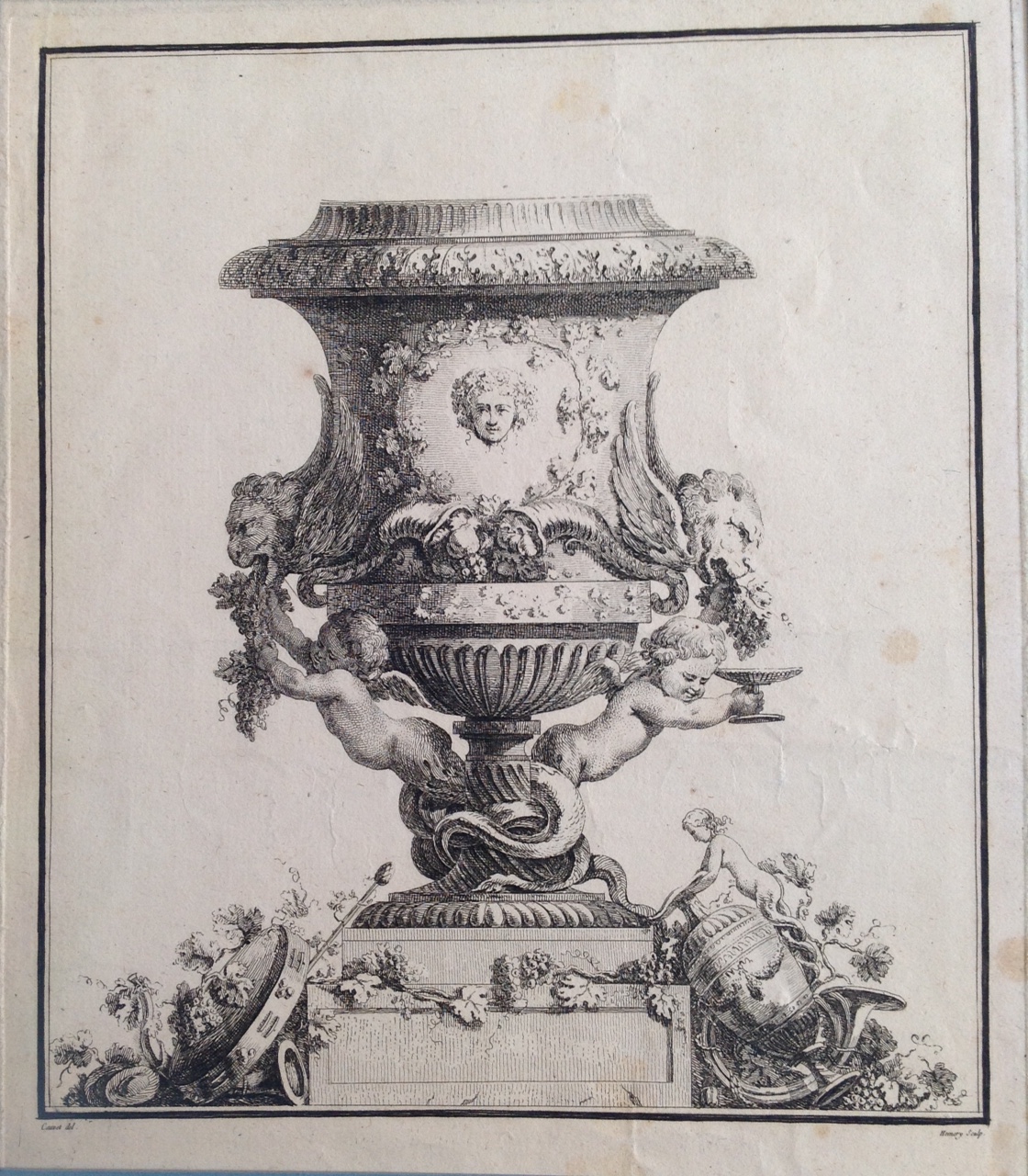 Antoine François Hémery graveur : vase soutenu par deux putti