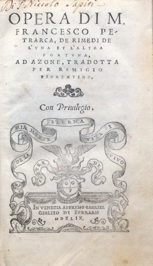 Francesco Petrarca Rimedi Fortuna : marque d'imprimeur