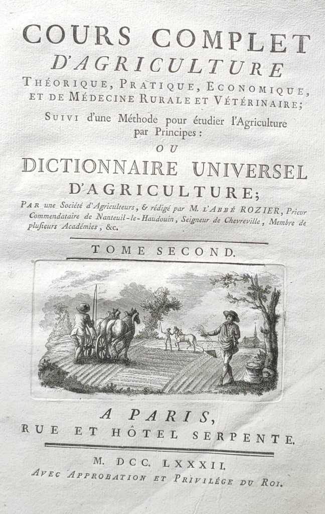 Abbé Rozier cours agriculture ; page de titre du tome second du dictionnaire d'agriculture