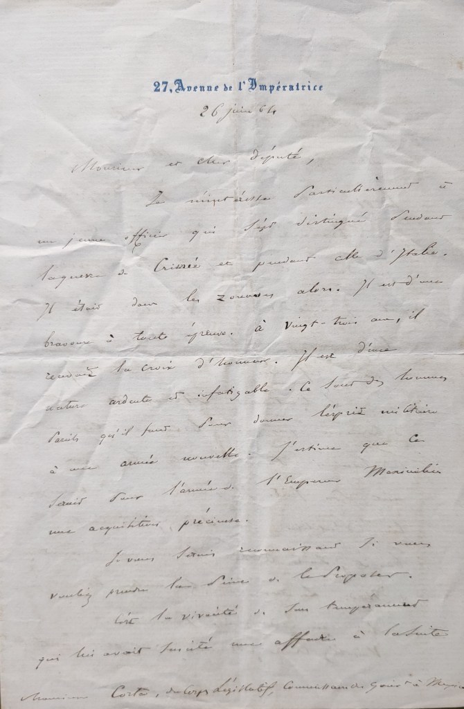 Michel Chevalier Second Empire : lettre autographe signée datée de 1864 à l'en-tête du 27, avenue de l'Impératrice