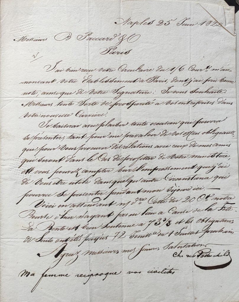 Barthémy Paccard banquier 1822 : lettre autographe signée de Carlo Rothschild de Naples
