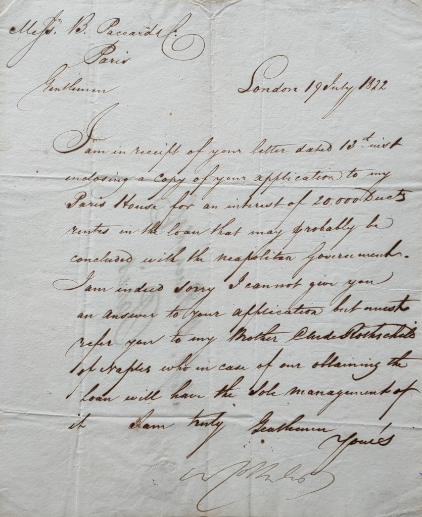 Barthémy Paccard banquier 1822 : lettre autographe signée Nathan Rothschild Londres