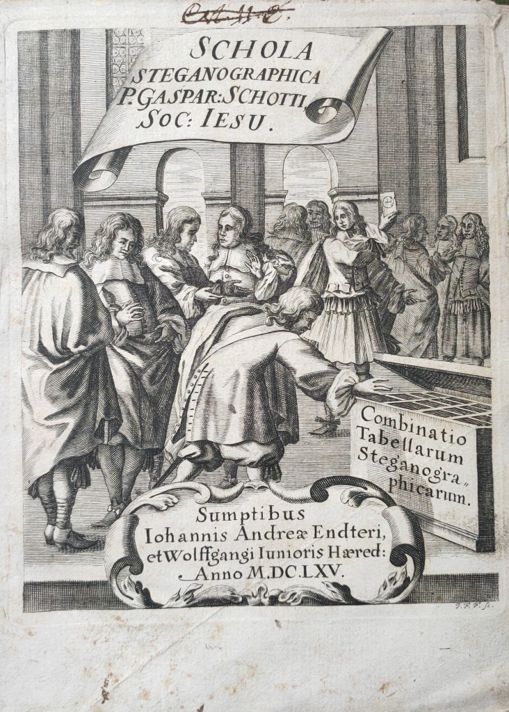 Gaspar Schott Schola Steganographica : frontispice de l'édition publiée à Nüremberg en 1665