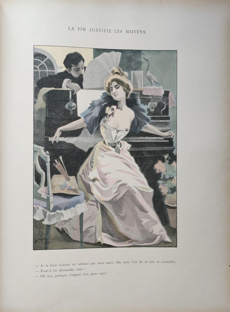 Ferdinand Bac illustrateur album : gravure en couleurs La fin justifie les moyens