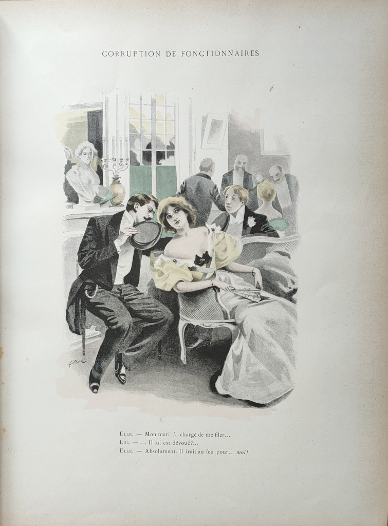 Ferdinand Bac illustrateur album : gravure en couleurs Corruption de fonctionnaire