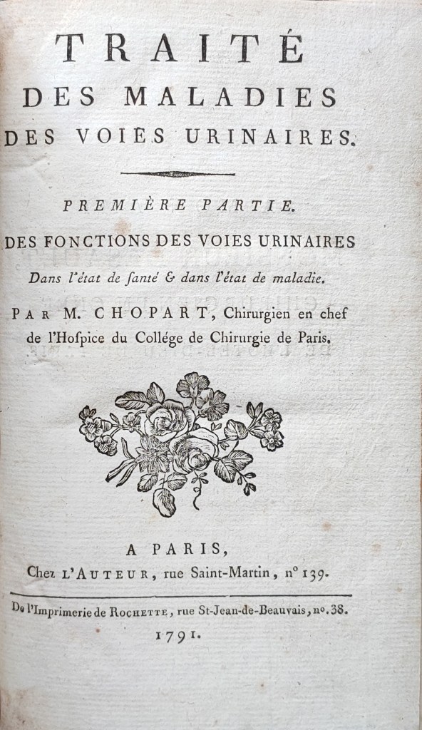François Chopart voies urinaires : page de titre du traité des maladies des voies urinaires première partie publiée en 1791