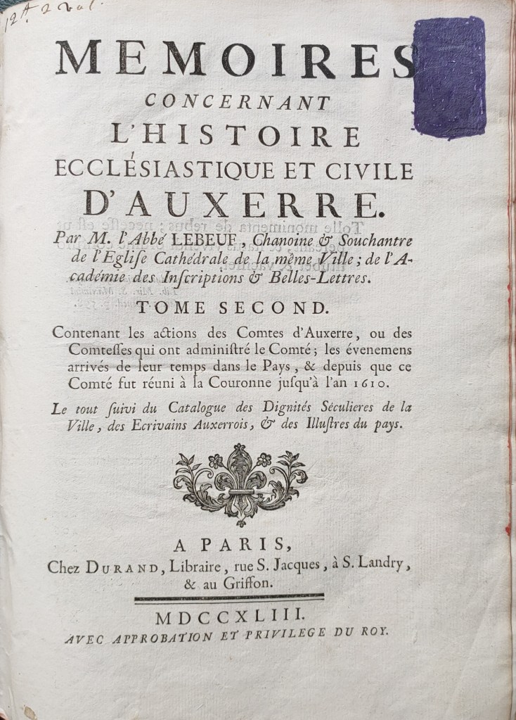 Abbé Lebeuf Mémoires Auxerre : page de titre du deuxième volume 1743