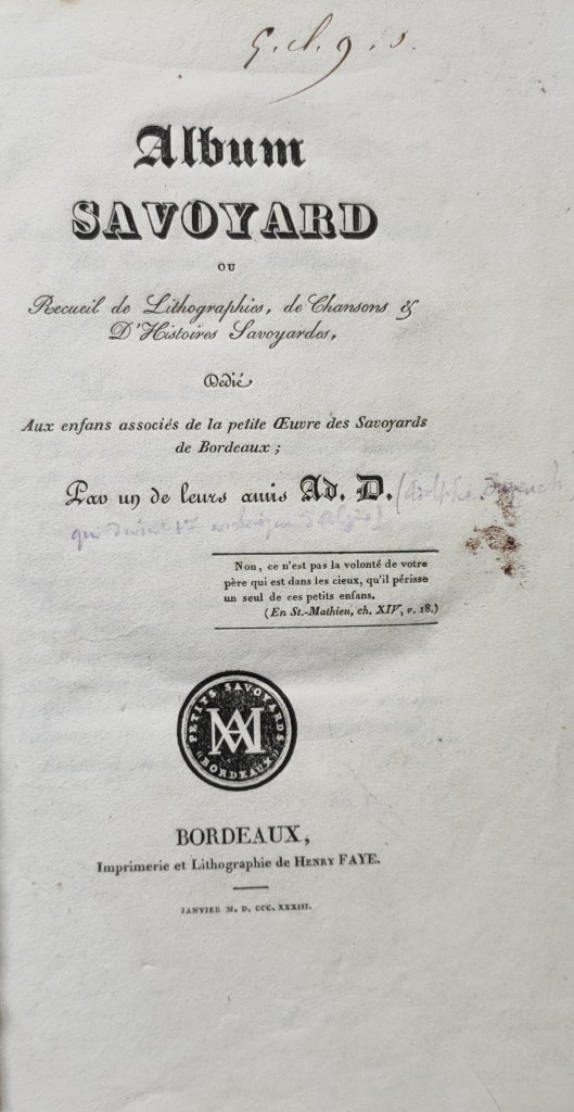 Abbé Dupuch Bordeaux Savoyards : page de titre de l'album savoyard publié en 1833