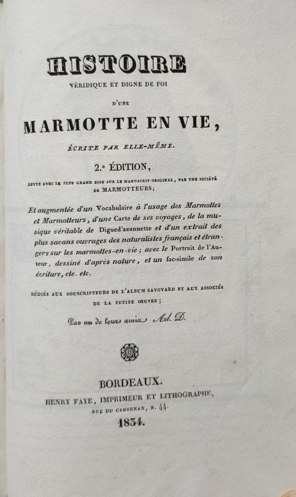 Abbé Dupuch Bordeaux Savoyards : Page de titre d'Une Histoire d'une marmotte en vie publiée en 1834