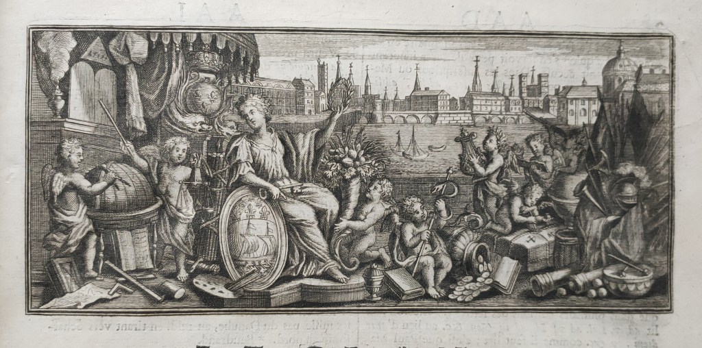 Grand Dictionnaire Historique Moréri : Bandeau de titre gravé avec en arrière plan la ville de Paris