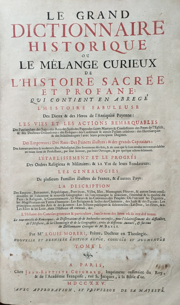 Dictionnaire historique de Moréri : page de titre du dictionnaire publié en 1725