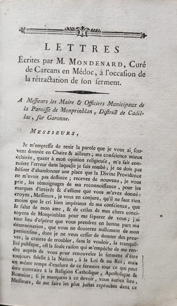 Constitution civile du clergé Bordeaux : lettre du curé de Carcans Mondenard