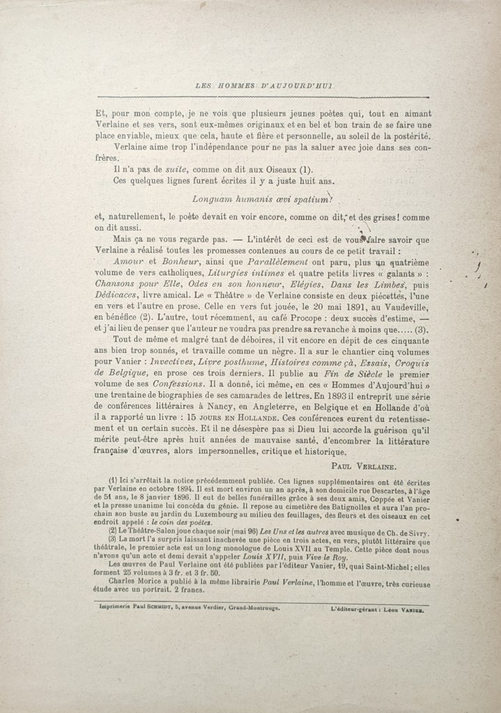 Paul Verlaine Hommes d'aujourd'hui : 1896 rare seconde édition illustrée par Emile Cohl.