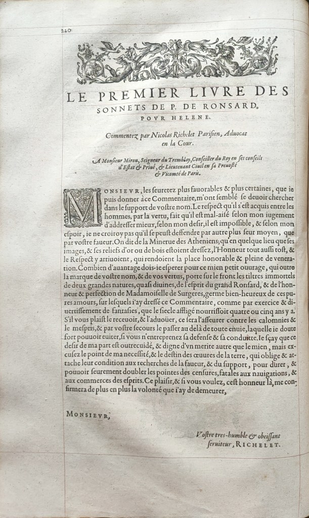 Ronsard Oeuvres édition originale 1609 : le premier livre de sonnets